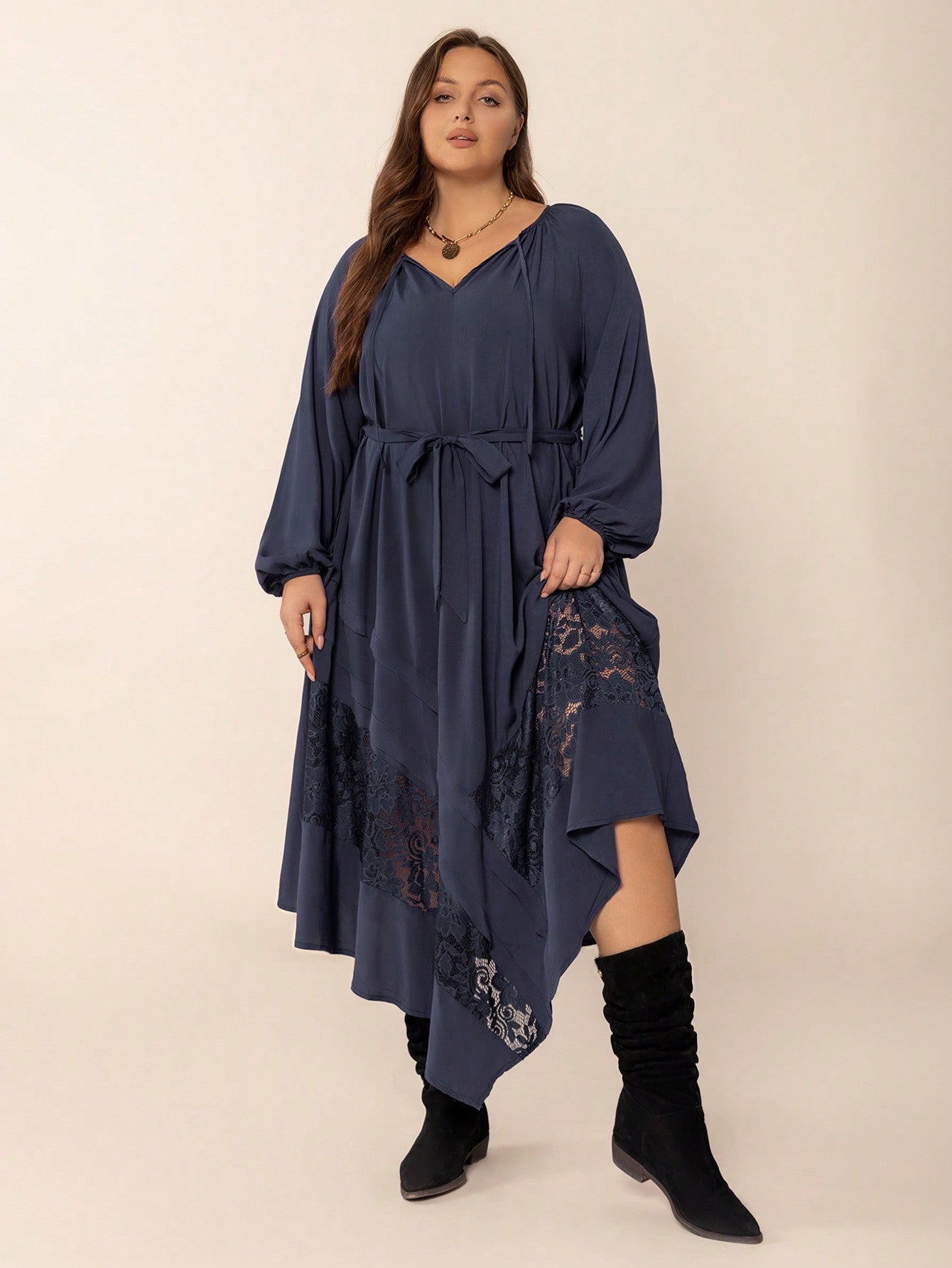 Plus Size Women Solid Color Autumn Winter Long Sleeve Dress