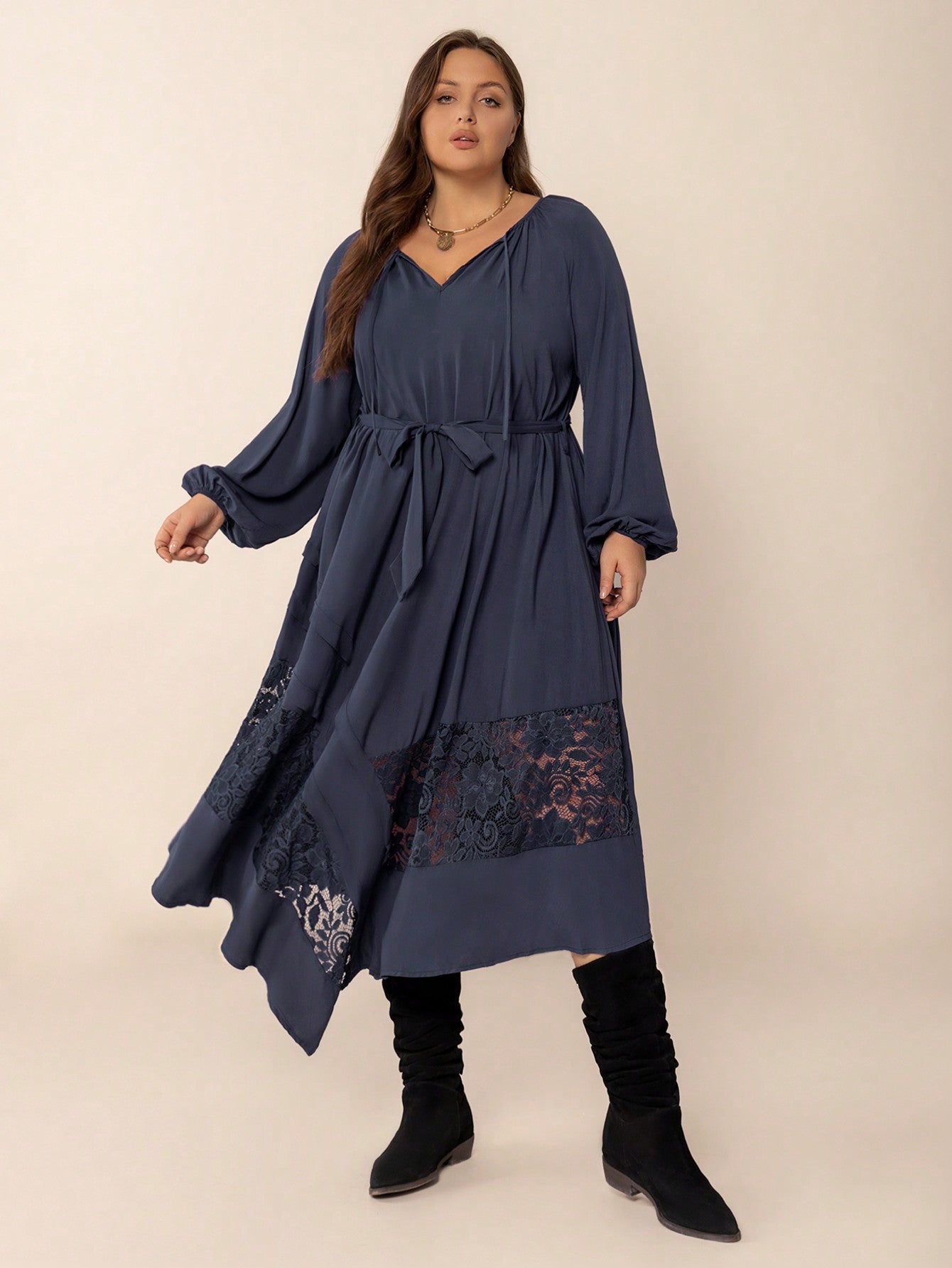 Plus Size Women Solid Color Autumn Winter Long Sleeve Dress