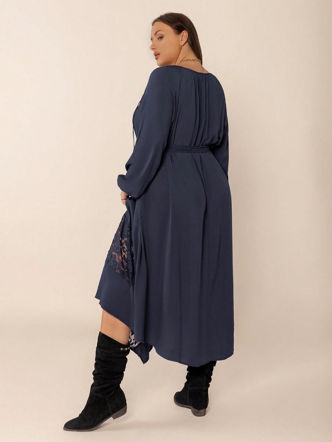 Plus Size Women Solid Color Autumn Winter Long Sleeve Dress