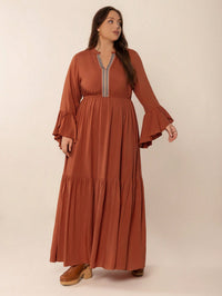 Plus Size Loose Ribbon V neck Long Sleeve Dress