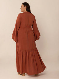 Plus Size Loose Ribbon V neck Long Sleeve Dress