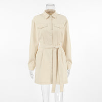 Office Elegant Belt Tooling Fall Winter Collared Khaki Drop Shoulder Sleeve Pocket Retro Dress Women