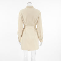 Office Elegant Belt Tooling Fall Winter Collared Khaki Drop Shoulder Sleeve Pocket Retro Dress Women