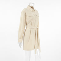 Office Elegant Belt Tooling Fall Winter Collared Khaki Drop Shoulder Sleeve Pocket Retro Dress Women