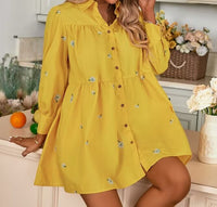 Winter Women Casual Polo Collar Long Sleeve Single Breasted Embroidered Shirt Dress