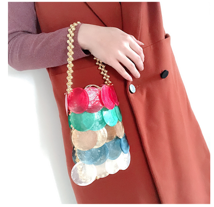 Color Handmade Woven Shell Bag Color Women Handbag Beaded Chain Fish Scale Bag