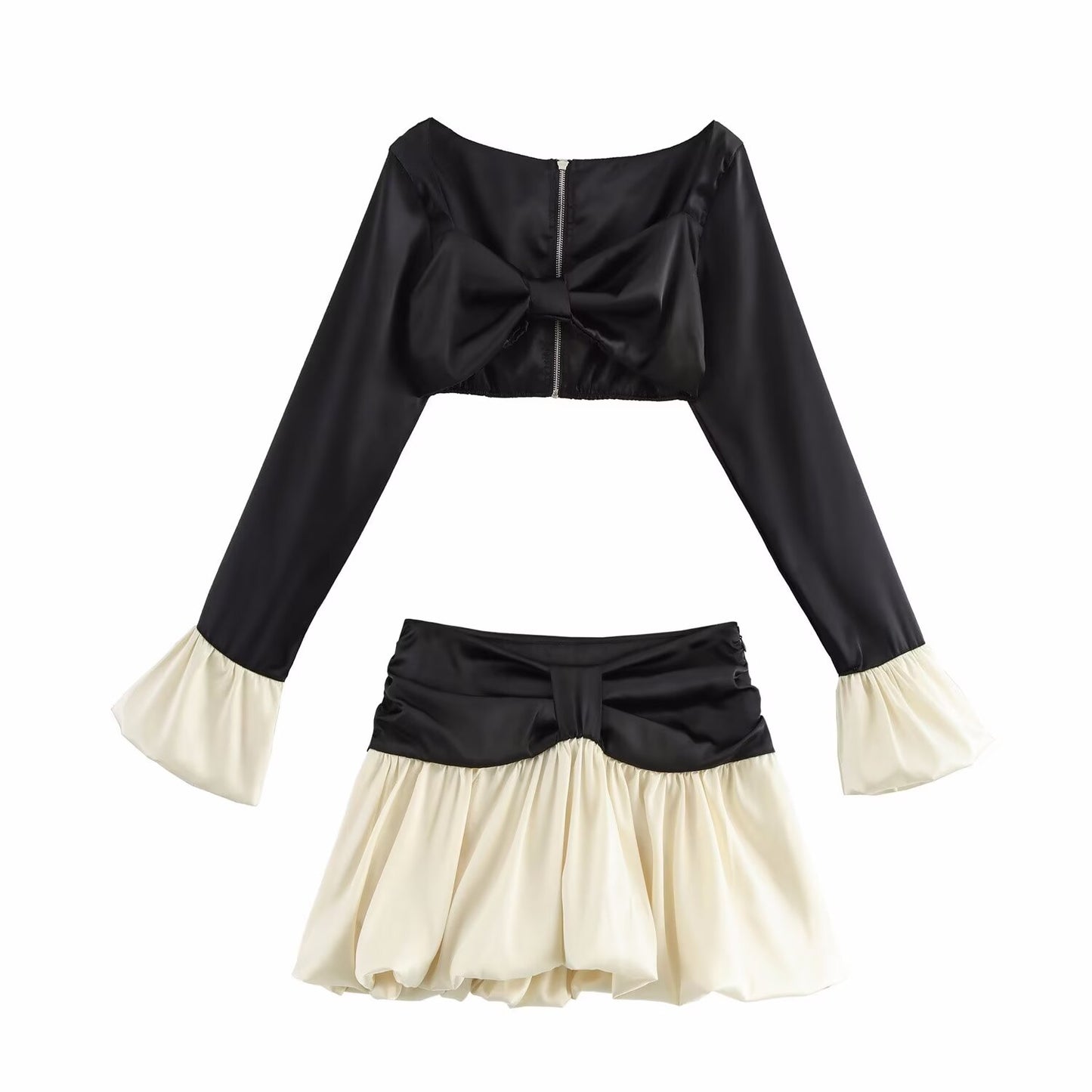 Women Clothing Top Product Sexy Color Matching Long Sleeve Short Top Skirt Two Piece Sets