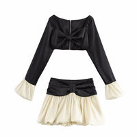 Women Clothing Top Product Sexy Color Matching Long Sleeve Short Top Skirt Two Piece Sets
