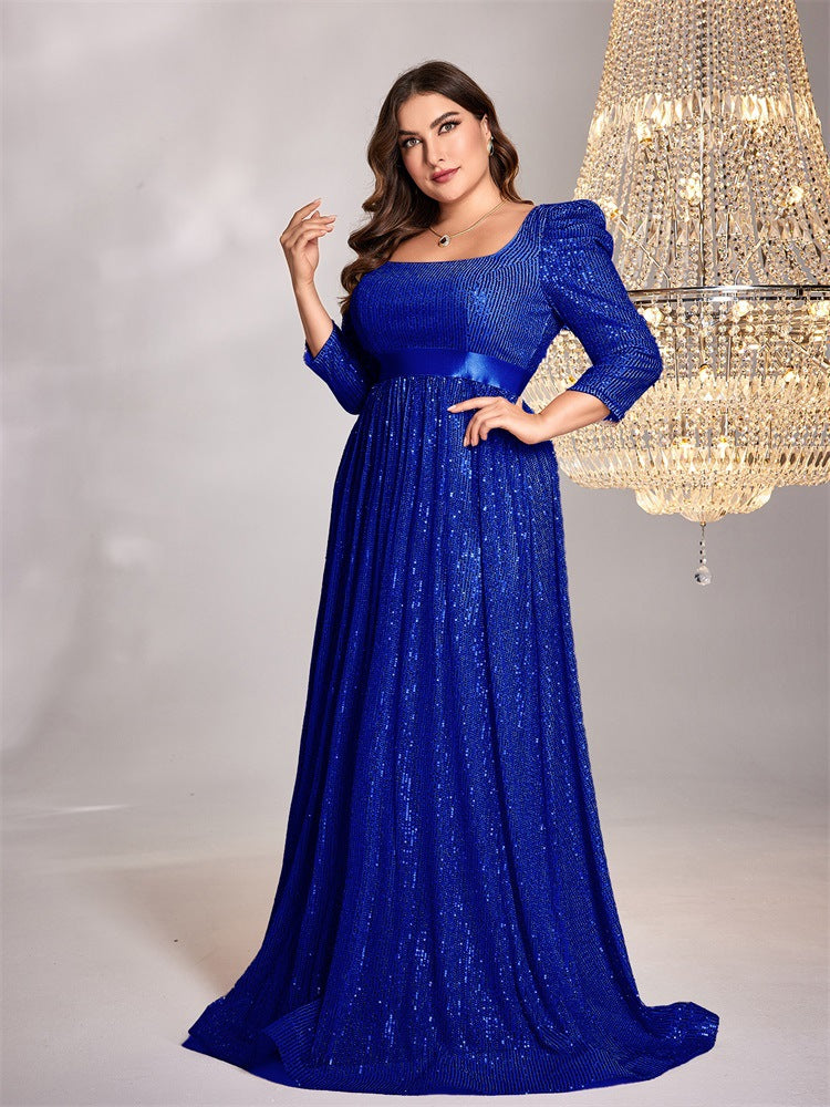 Plus Size Sequin Blue Long Sleeved Evening Dress Slimming Cocktail Elegant Dress Women