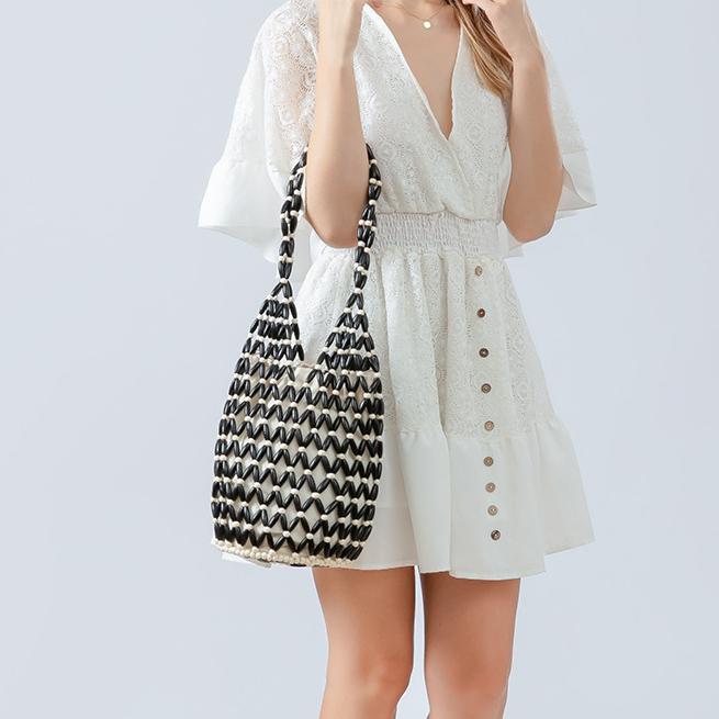 Woven Bag Women Summer Special Interest Design Hollow Out Cutout Handbag with Wooden Beads Decoration Portable Bucket Shoulder Bag