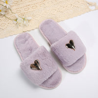 Fluffy Slippers Heart-Shaped Flat Slippers Women Home Casual Anti Rabbit Fur Cotton Slippers Women