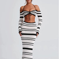Sexy Women Summer Striped Long Sleeve Halter Top Skirt Two Piece Set for Women