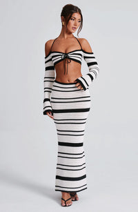 Sexy Women Summer Striped Long Sleeve Halter Top Skirt Two Piece Set for Women