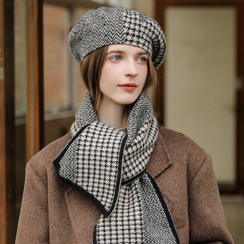 Chessboard Plaid Autumn Winter Knitting Beret Women Retro Flat Top Brimless Painter Hat