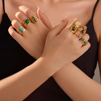 Retro Stainless Steel Gemstone Natural Stone Ring 18K Gold Plated Titanium Steel Ring Ornament
