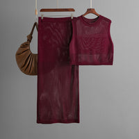 Slim Hollow Out Cutout Sleeveless Vest Summer Knitted Slit Skirt Two Piece Set