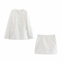 Spring Women Clothing Simple Two Color Single Breasted round Neck Skirt Two Piece Sets