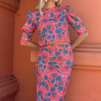 Spring Women Clothing Design round Neck Short Sleeve Small Top Printed Mini Skirt Two Piece Sets
