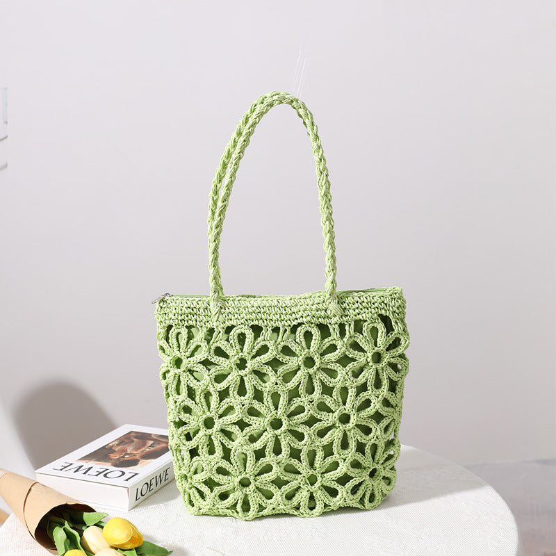 Straw Bag Hollow Out Cutout Floral Straw Bag Woven Bag Women Bag Shoulder Portable Seaside Vacation Beach Bag Rattan Weave Bag