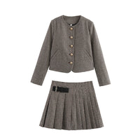 Houndstooth Jacket Coat Women High Waist Skirt Two Piece Set