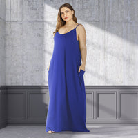 Plus Size Summer Women Clothing Solid Color Loose Double Pocket Strap Maxi Dress