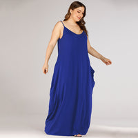 Plus Size Summer Women Clothing Solid Color Loose Double Pocket Strap Maxi Dress