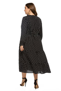 Plus Size Autumn Winter Stylish Loose Women V-neck Long Sleeve Polka Dot Dress