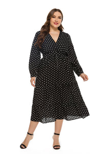 Plus Size Autumn Winter Stylish Loose Women V-neck Long Sleeve Polka Dot Dress