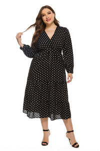 Plus Size Autumn Winter Stylish Loose Women V-neck Long Sleeve Polka Dot Dress