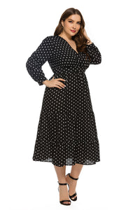 Plus Size Autumn Winter Stylish Loose Women V-neck Long Sleeve Polka Dot Dress