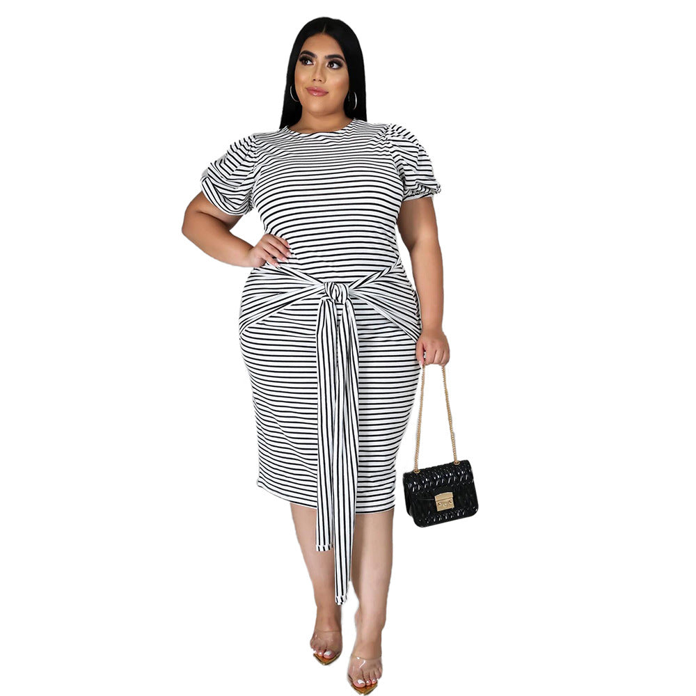 Plus Size Sexy Women Wear round Neck Striped Short Sleeve Lace-up Women Casual Dress