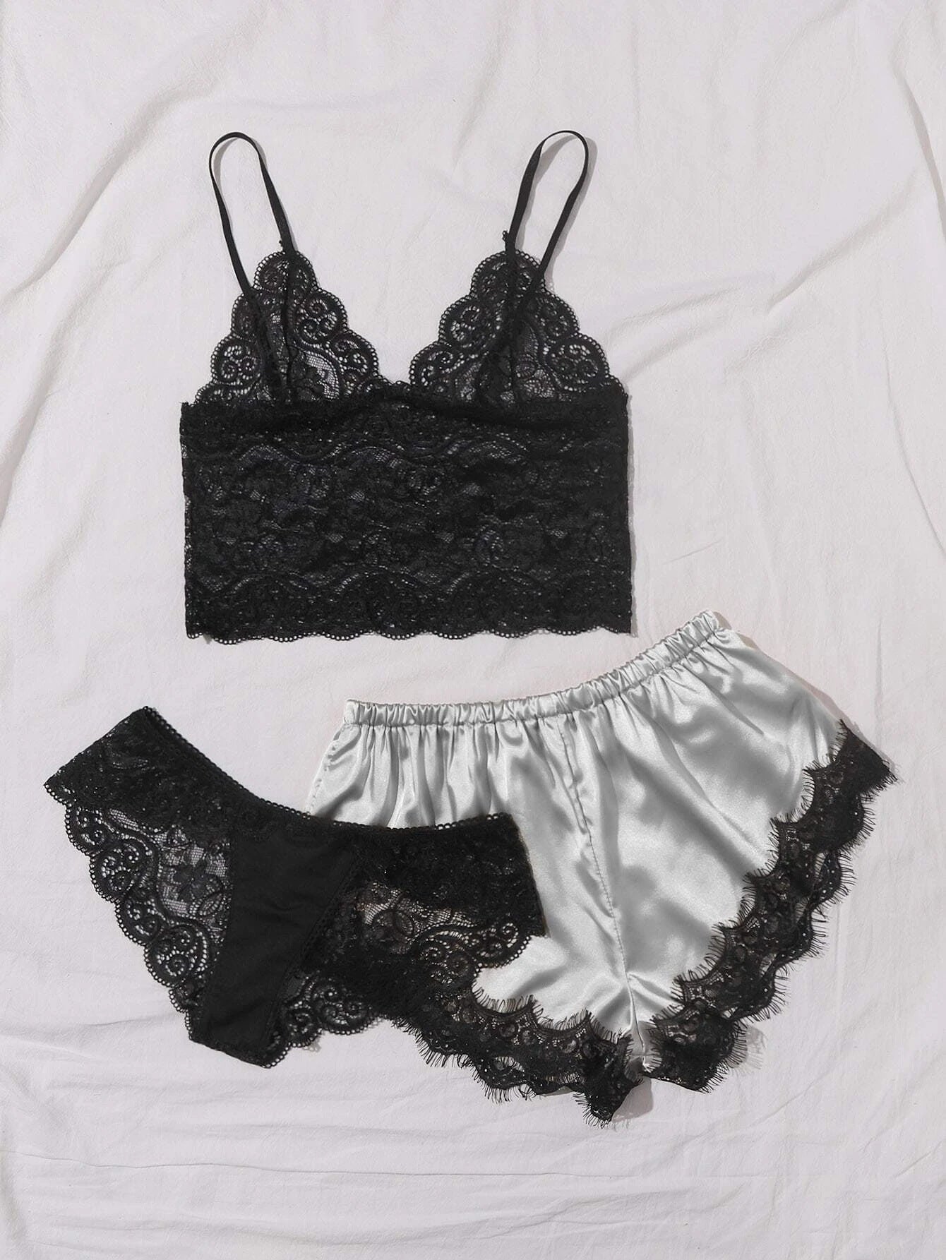 Sexy Lingerie Home Nightdress Sexy Lace Sling Pajamas Three-Piece Set