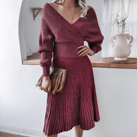 Autumn Winter Long Sleeved off Shoulder Sweater Casual Pleated Two Piece Set Women Clothing
