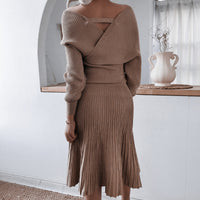 Autumn Winter Long Sleeved off Shoulder Sweater Casual Pleated Two Piece Set Women Clothing