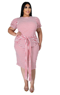 Plus Size Sexy Women Wear round Neck Striped Short Sleeve Lace-up Women Casual Dress