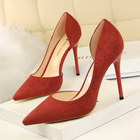 Simple Stiletto Heel Suede Shallow Mouth Pointed Toe Sexy Nightclubs Thinner Side Hollow Out Cutout Pumps