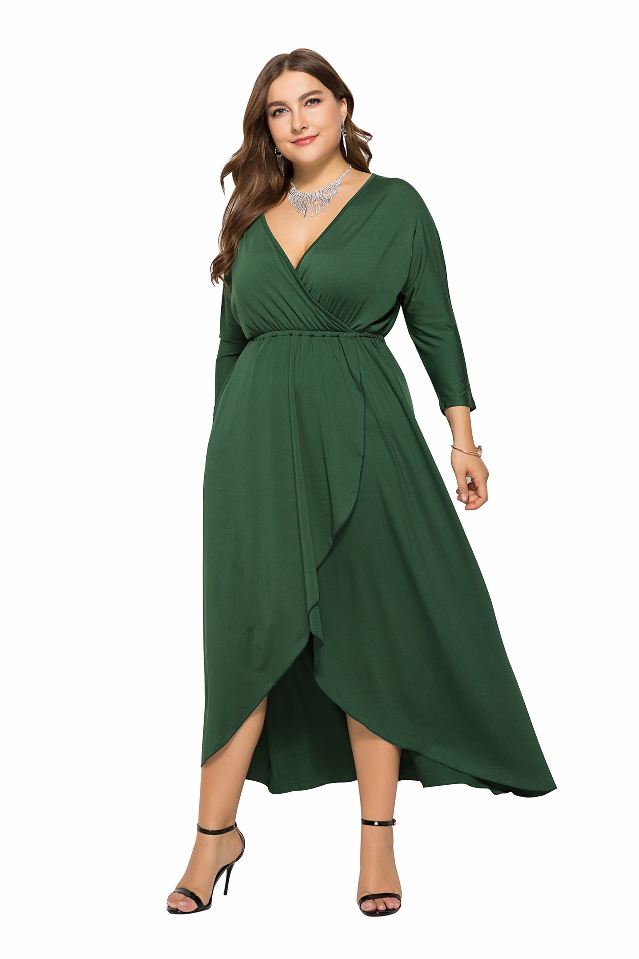 Plus Size Autumn Winter Standard Size Sexy V-neck Batwing Sleeve Large Swing Sheath Solid Color Dress