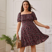 Plus Size Summer Sweet Square Collar Backless Floral Dress Boho Bohemian Vacation Dresses