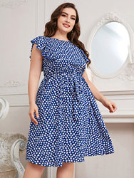Plus Size Autumn Neck Office Printed Blue Chiffon Dress Expose Clavicle Short Vest Puls Size