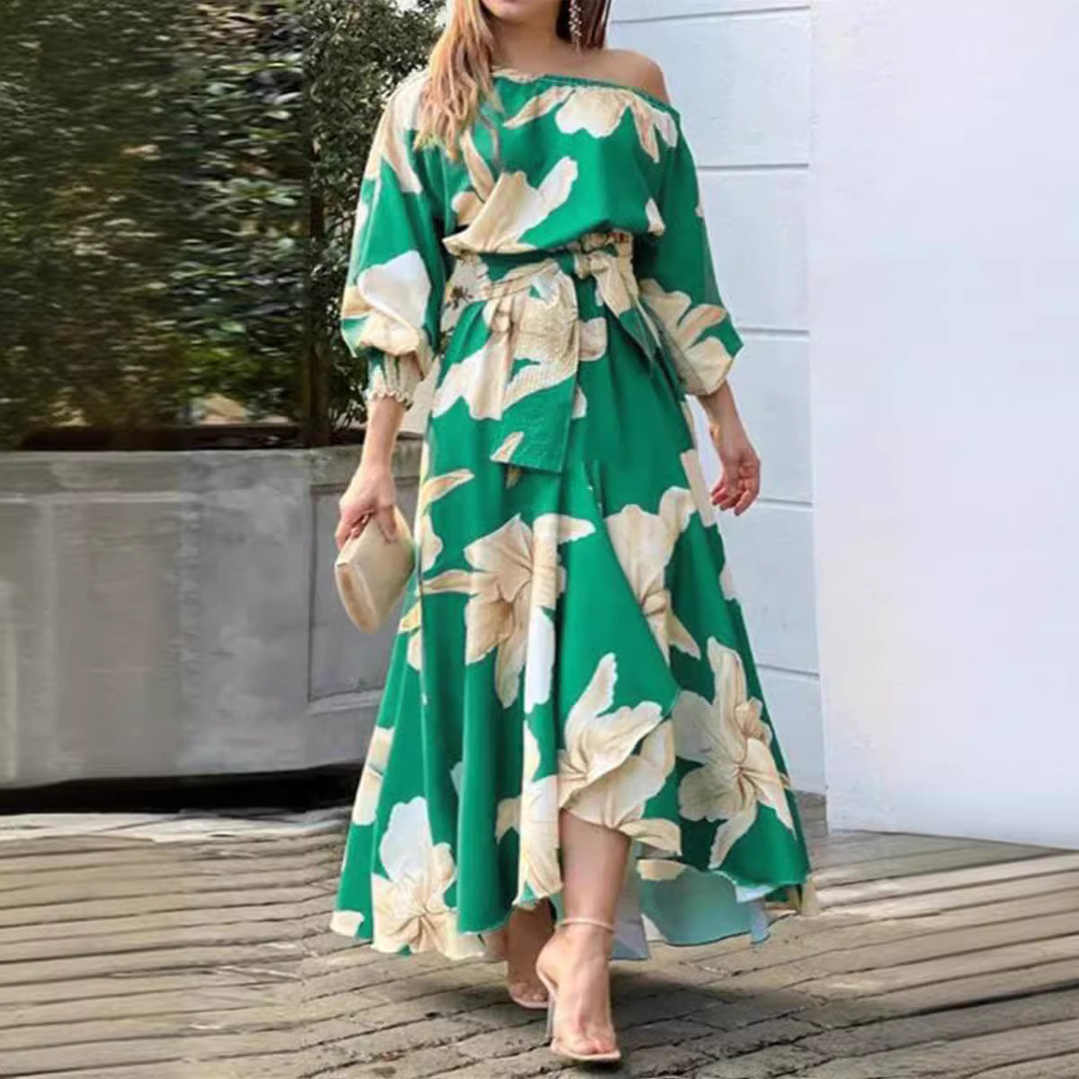 Plus Size Spring Summer Women Printed off Shoulder Elegant Dress