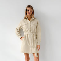 Office Elegant Belt Tooling Fall Winter Collared Khaki Drop Shoulder Sleeve Pocket Retro Dress Women