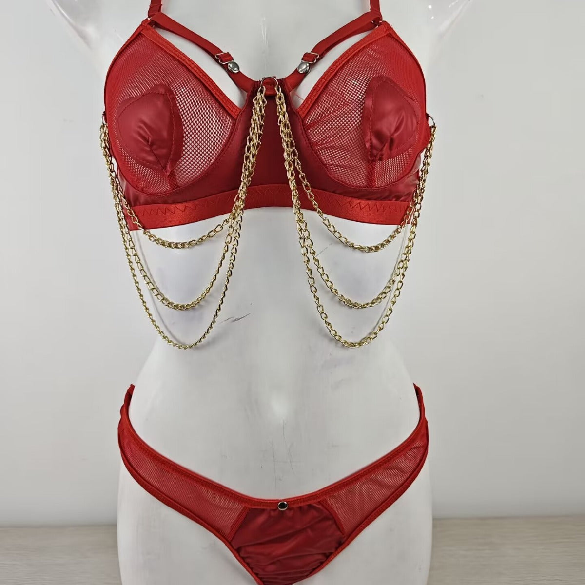 Sexy Hollow Out Cutout out See through Bra Three Point Chain Sexy Lingerie Set