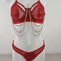 Sexy Hollow Out Cutout out See through Bra Three Point Chain Sexy Lingerie Set