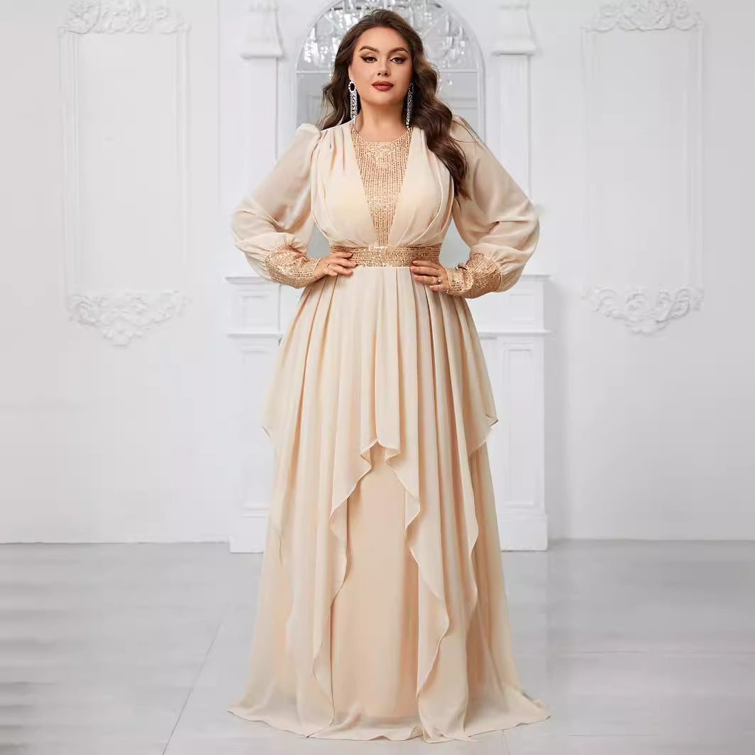Plus Size Chiffon Stitching Sequined Lantern Sleeve Irregular Asymmetric Ruffles Elegant Party Dress