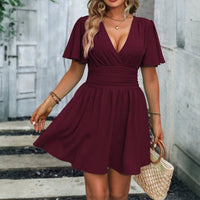Plus Size Women Clothing Spring Summer Purplish Red Elegant Dress Waist Tight Tummy Hiding Short Dress