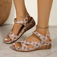Floral Print Velcro Platform Sandals Women Wedge Open Toe Beach Slippers