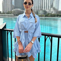 Collared Shirt Elegant Ruffle Tiered Skirt Short Sleeved Shirt Two Piece Set for Women