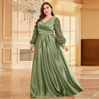 plus Size Satin V neck Long Sleeve Dress Slim Fit Maxi Dress Sequin Cocktail Evening Dress Women