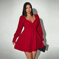 plus Size Women Clothing High Grade Elegant Wine Red Dress Autumn Winter High Waist V neck Short Dresses