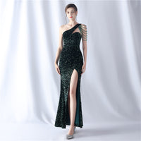 Handmade Beaded Velvet Bottom Sequin Dinner Annual Meeting Wedding Evening Dress